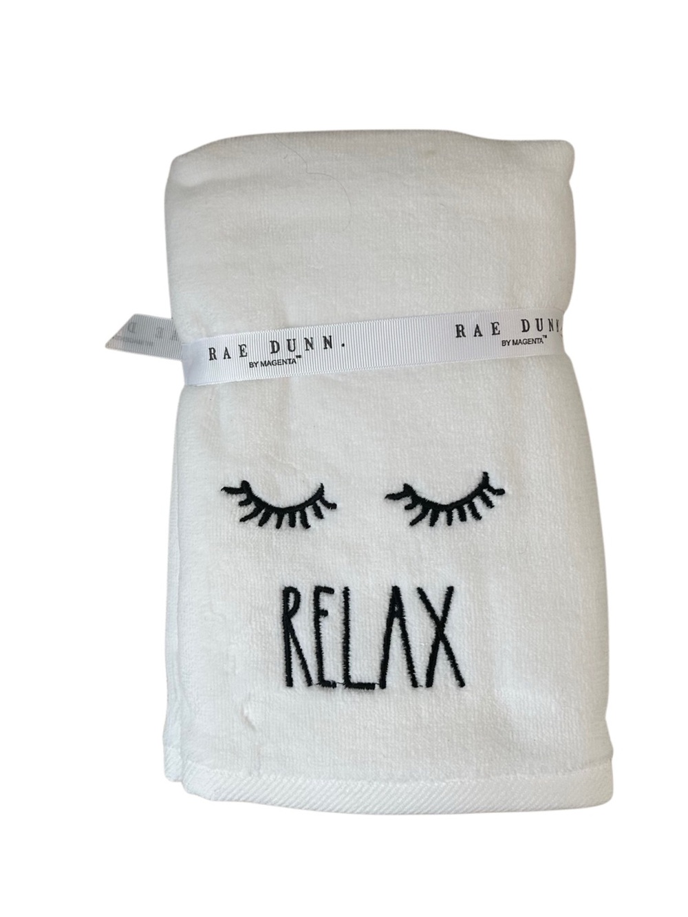 Rae Dunn RELAX Embroidered Eyelashes White Hand Towel Set NWT